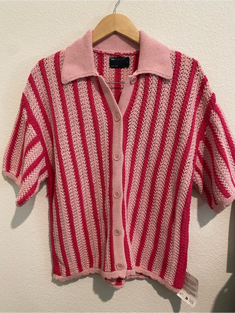 ASOS Pink and Fuchsia Striped Short-Sleeve Button Cardigan